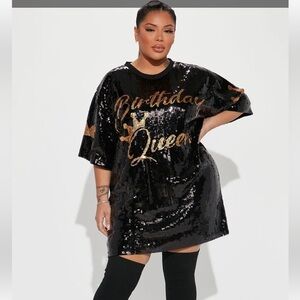 Fashion Nova SEQUINS BIRTHDAY QUEEN TUNIC DRESS / top black gold sparkle size OS